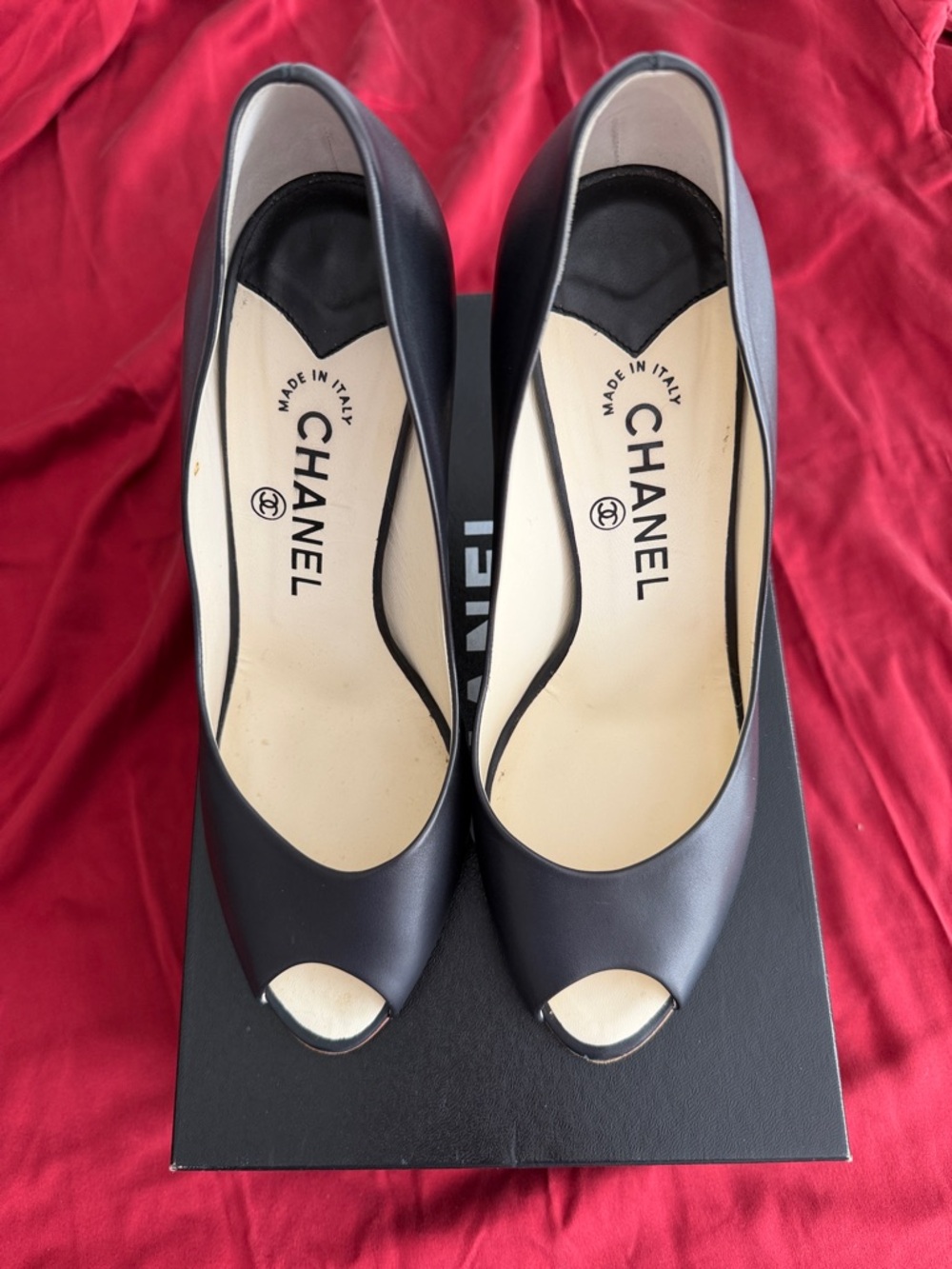 CHANEL Black Leather Peep-Toe Pumps